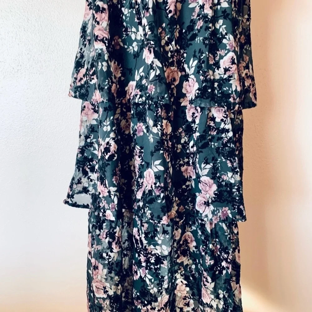 Arula Black & Pink Velvet Floral Sleeveless Tiered Maxi Dress - Picture 3 of 7